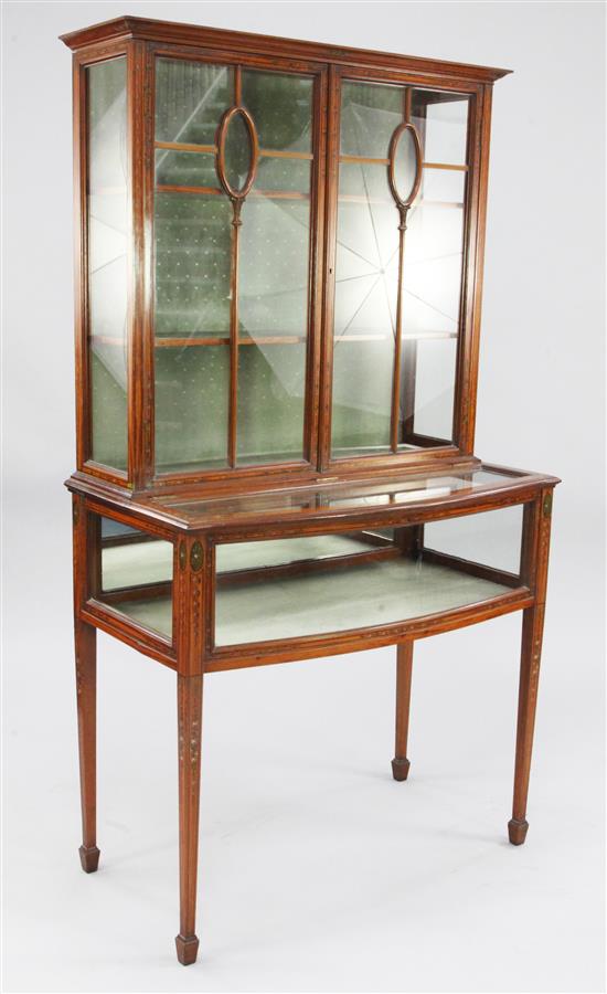 A Sheraton revival satinwood and floral painted bijouterie display cabinet, W.2ft 9in.